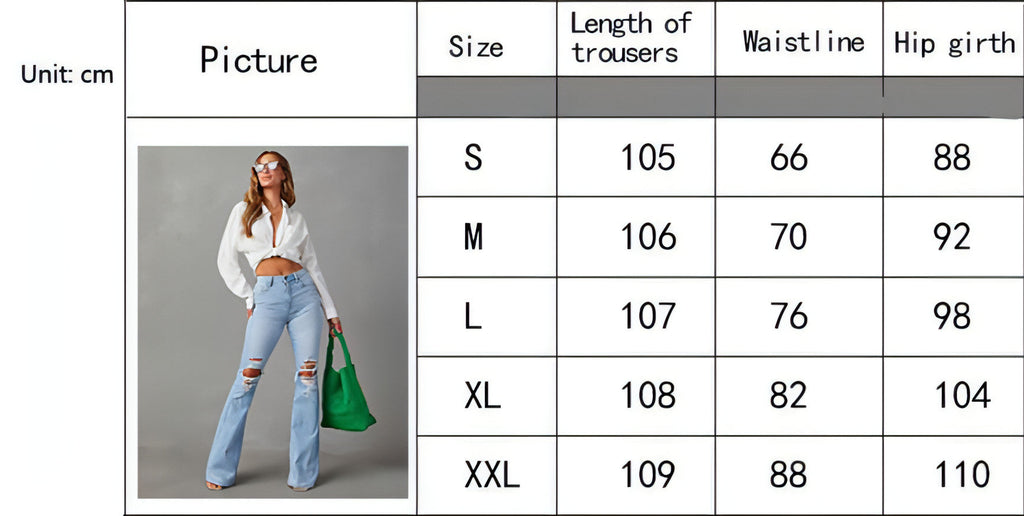 Bell Jean UrbanEase size chart for light wash wide-leg ripped denim