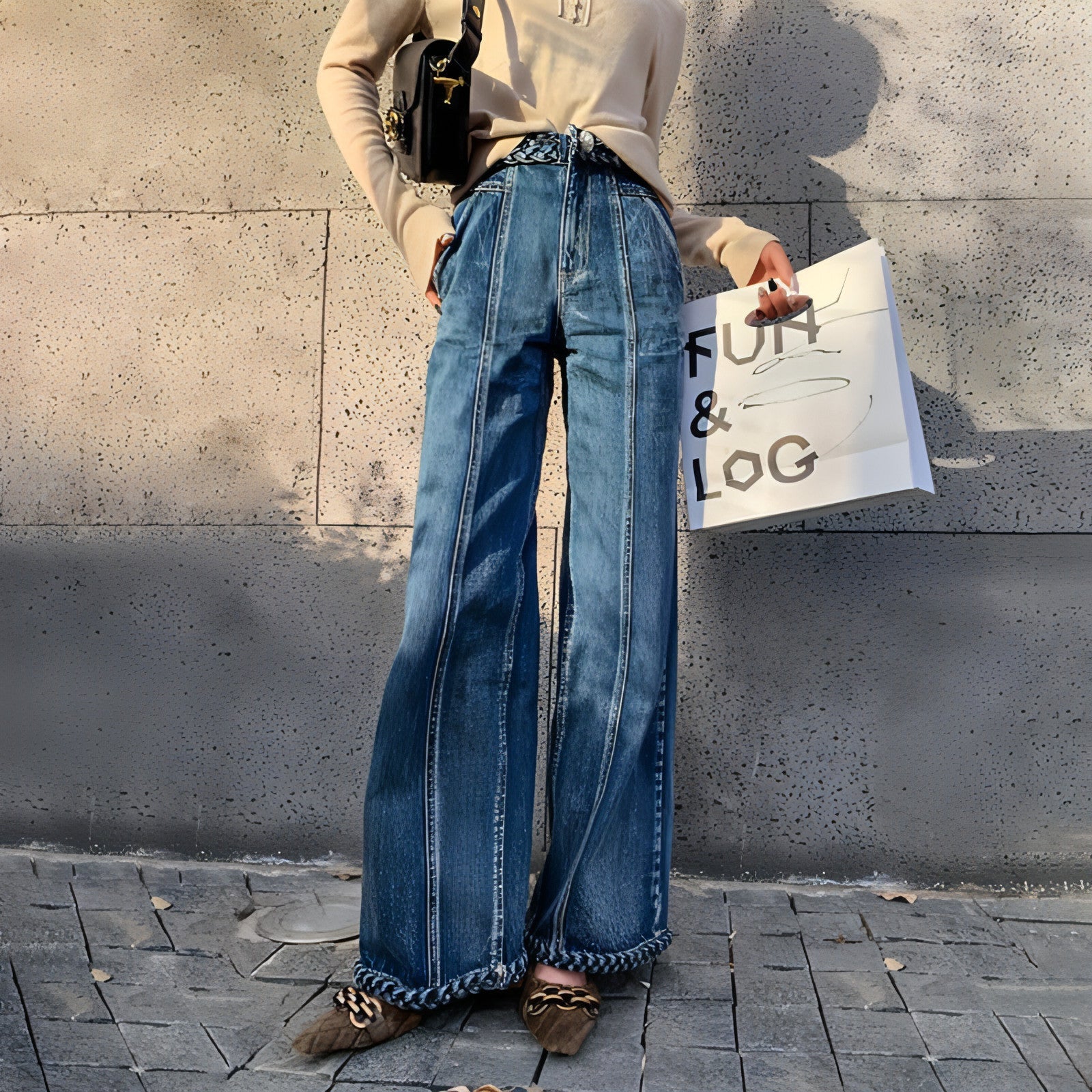 Bell Bottom Braided Wide Jeans
