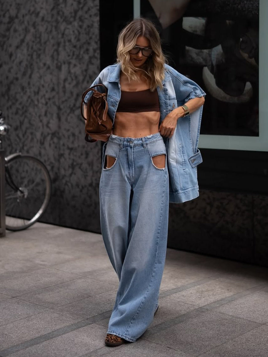 Bell Jean Hollow Wide-Leg wide-leg denim styled for Silver Bells streetwear fashion look