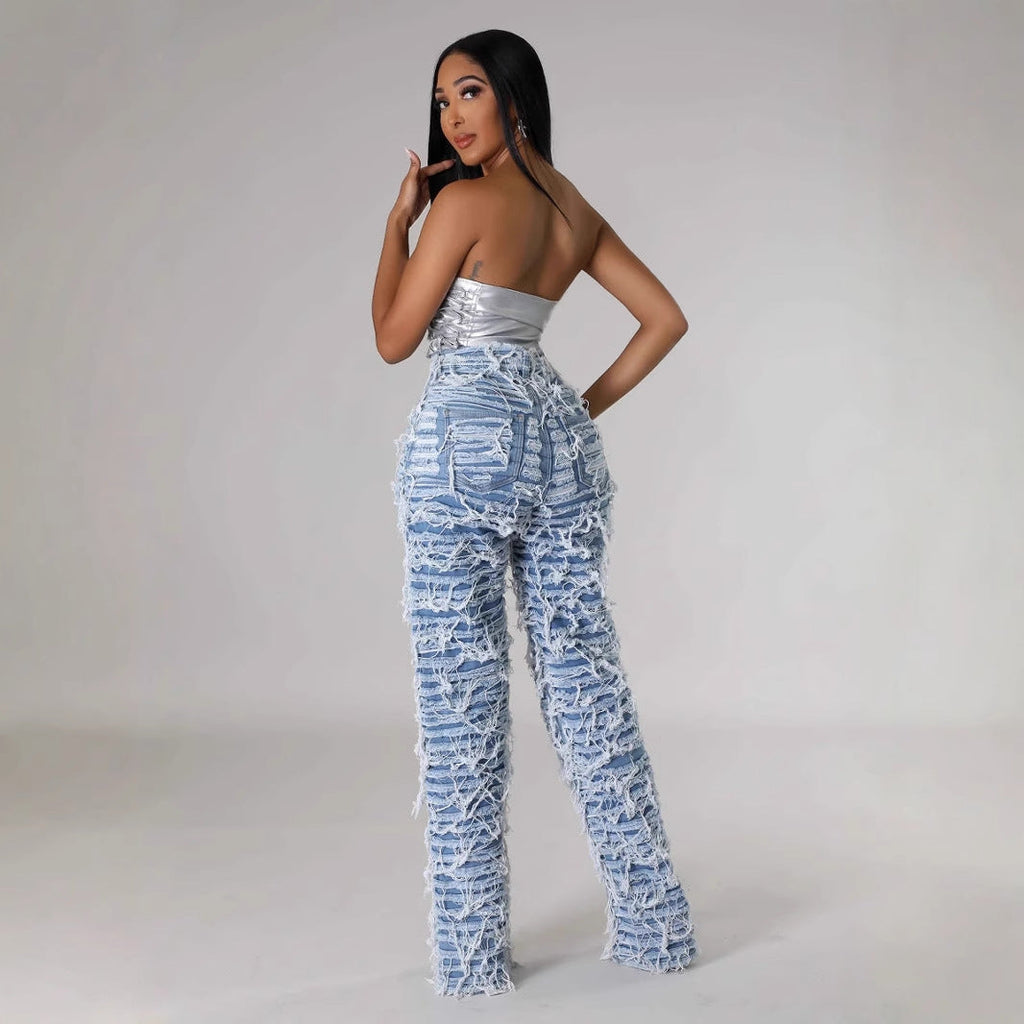 Signal High Waist Ripped Tassel Denim Pants