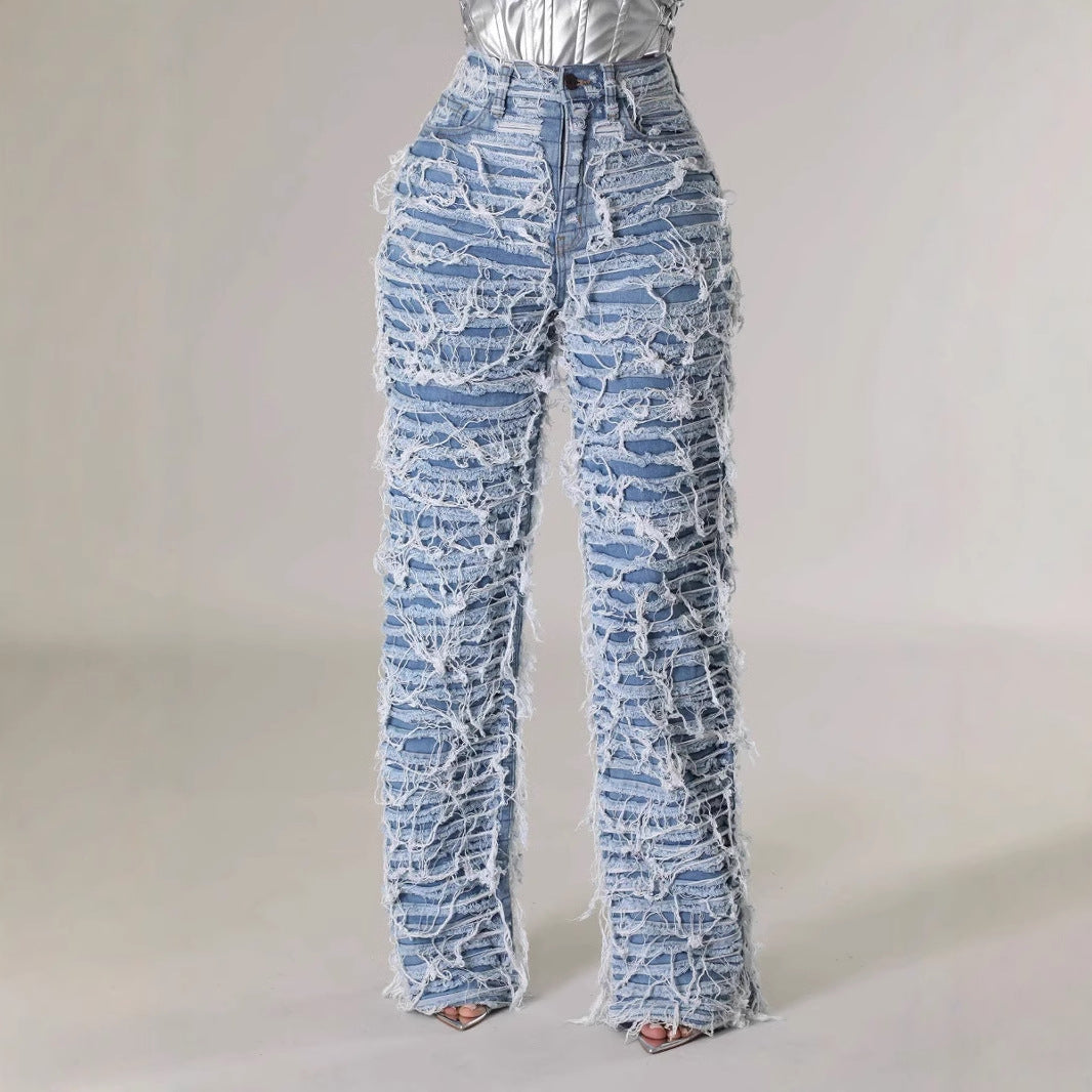 Signal High Waist Ripped Tassel Denim Pants
