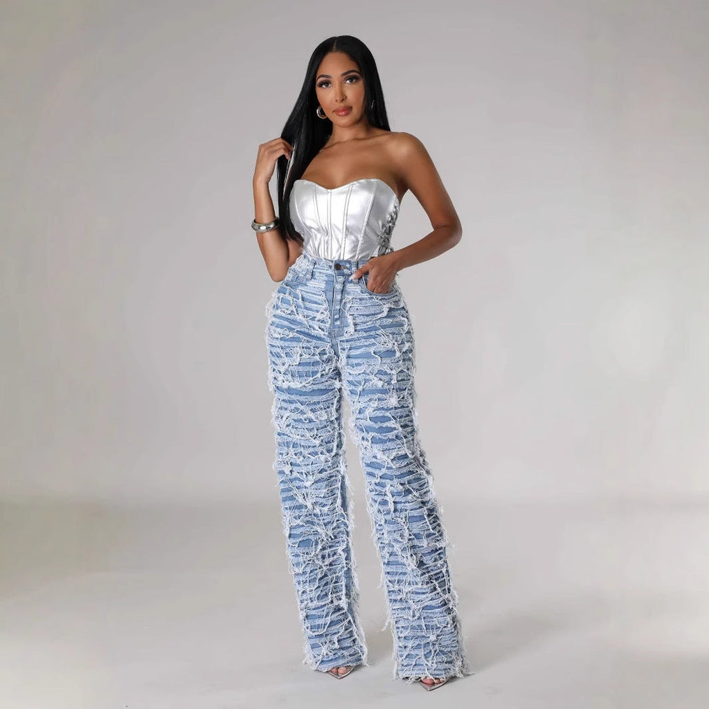 Signal High Waist Ripped Tassel Denim Pants