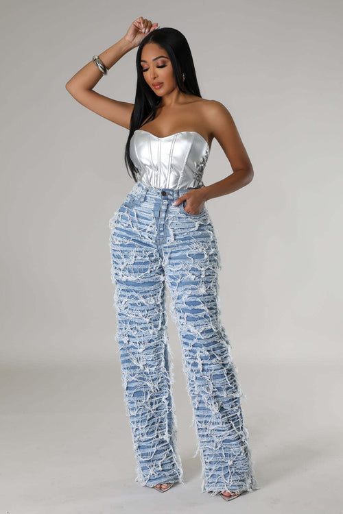 Signal High Waist Ripped Tassel Denim Pants