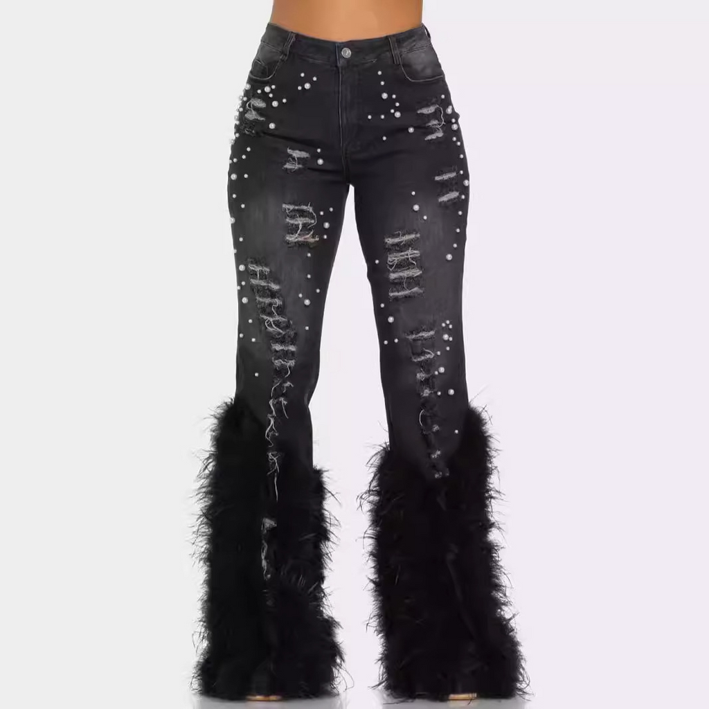 Black statement jean with beaded detail and dramatic wool/fur hem. This is a runway-style piece for the premium Bell look.
