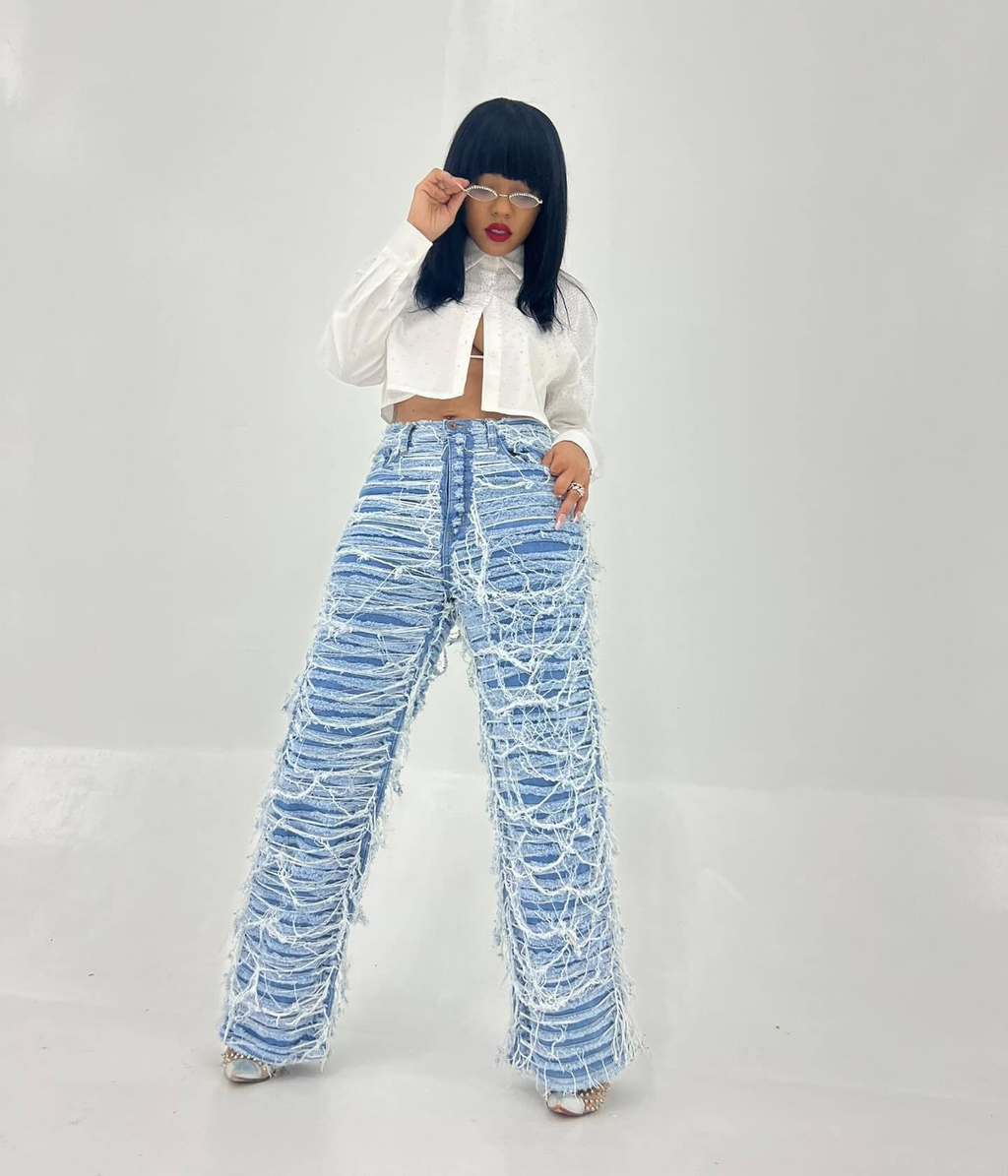 Signal High Waist Ripped Tassel Denim Pants