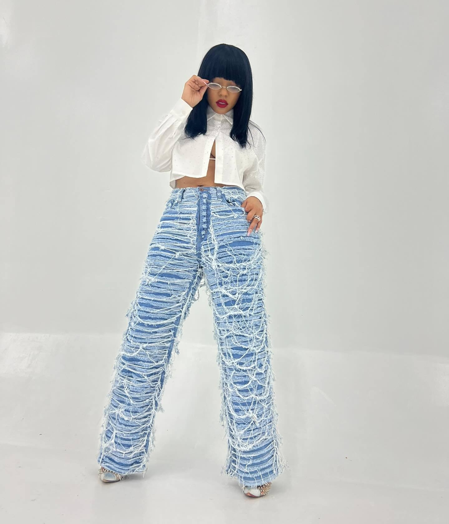 Signal High Waist Ripped Tassel Denim Pants