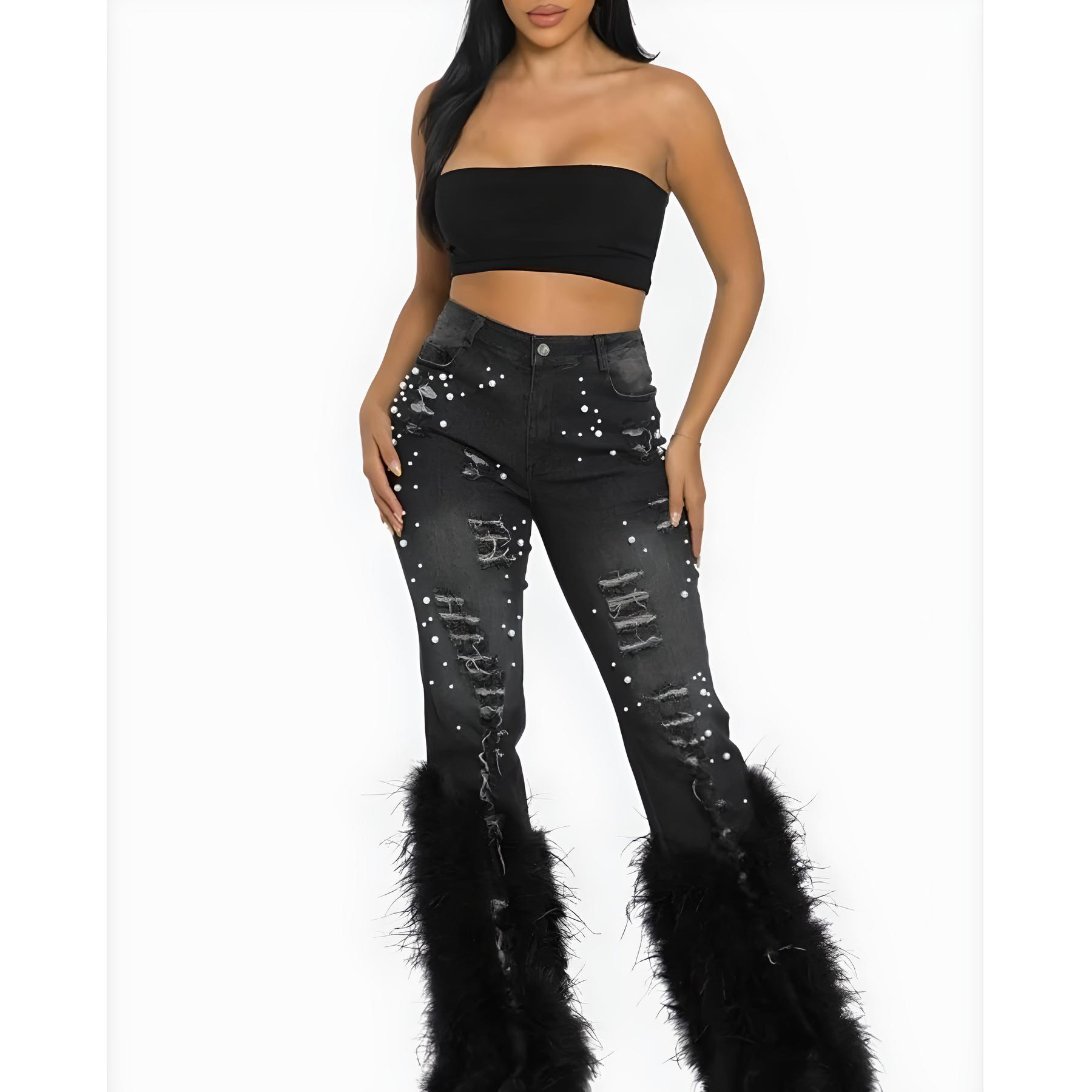 Black statement jean with beaded detail and dramatic wool/fur hem. This is a runway-style piece for the premium Bell look.