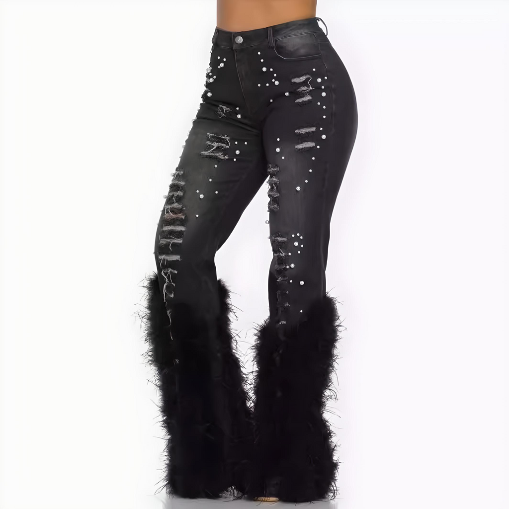 Black statement jean with beaded detail and dramatic wool/fur hem. This is a runway-style piece for the premium Bell look.