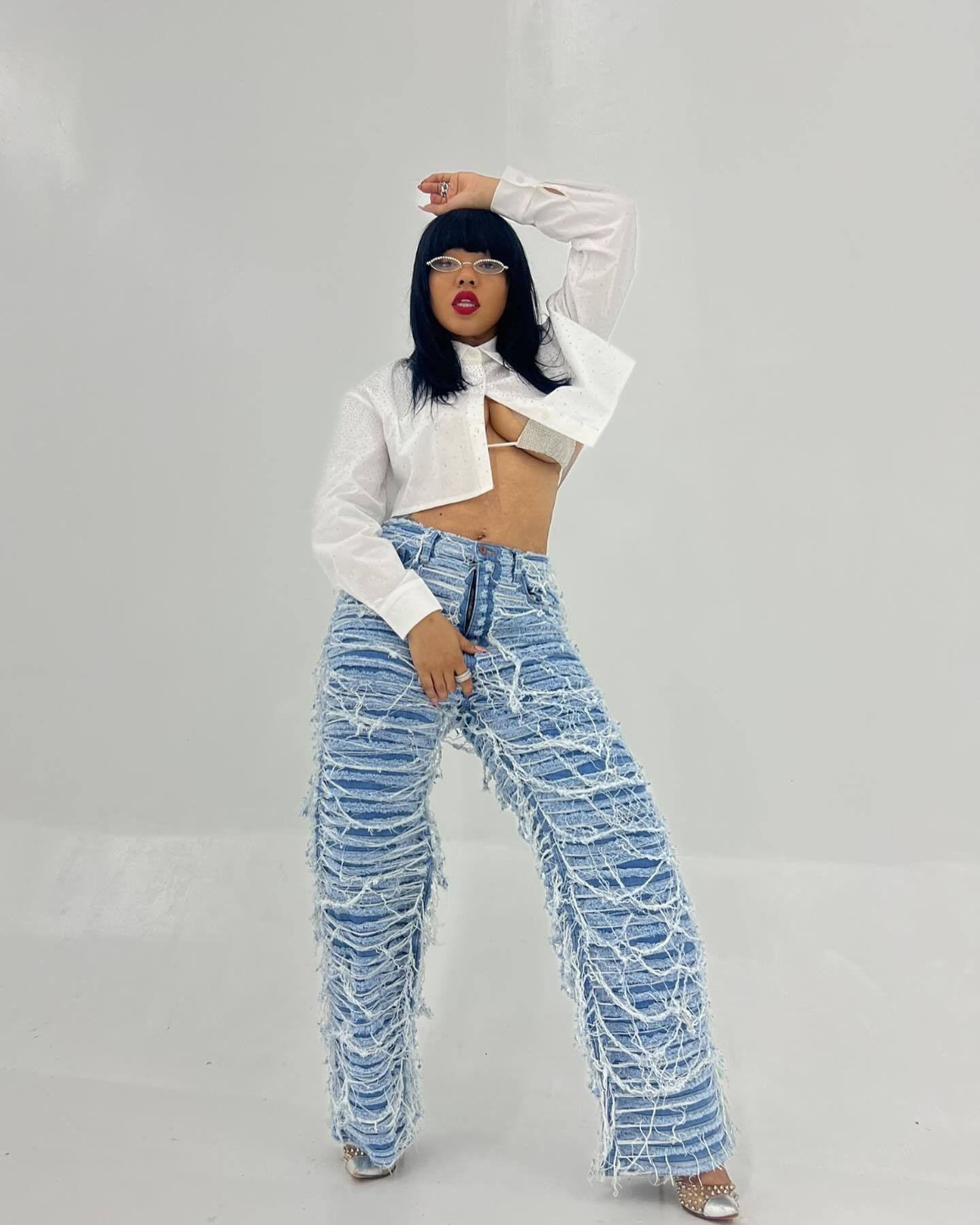 Signal High Waist Ripped Tassel Denim Pants